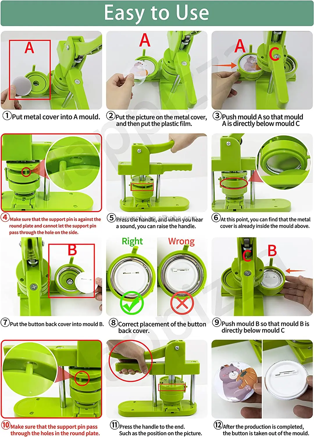 Button Maker Machine Multiple Sizes, Pin Maker Machine 1.25 inch+2.25 inch, Interchangeable Molds Badge Button Press Machine