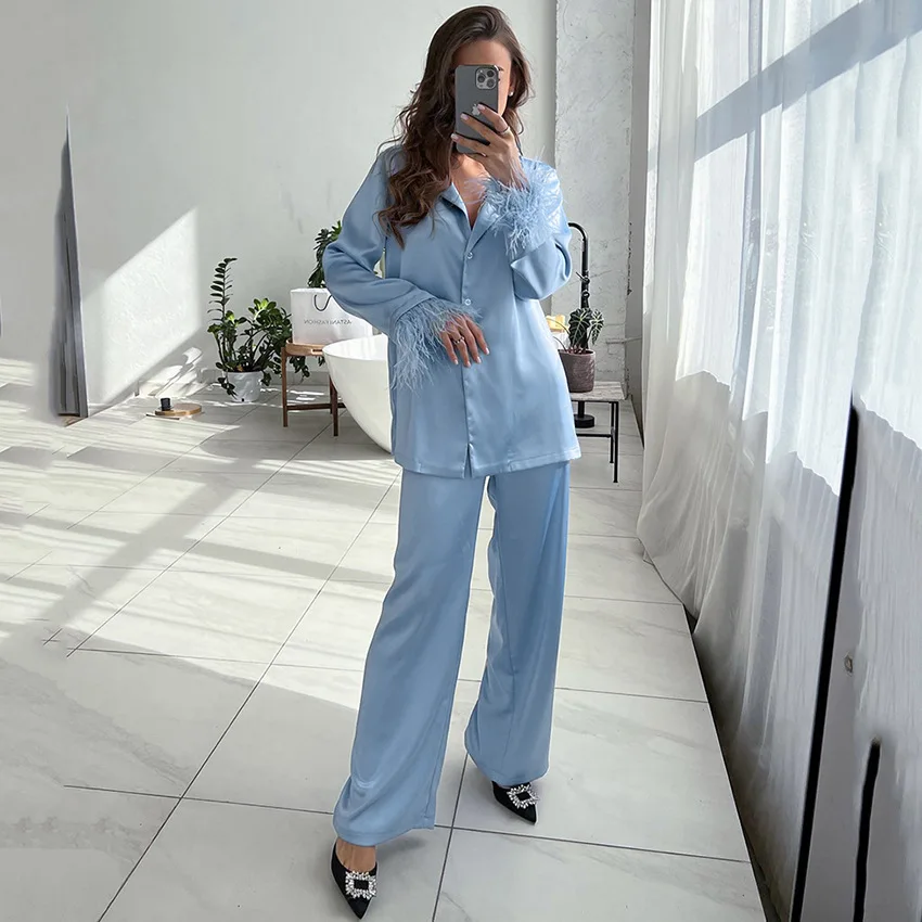 Autumn 2023 New arrivals Wholesales women pajamas with feather long sleeve satin loungewear set