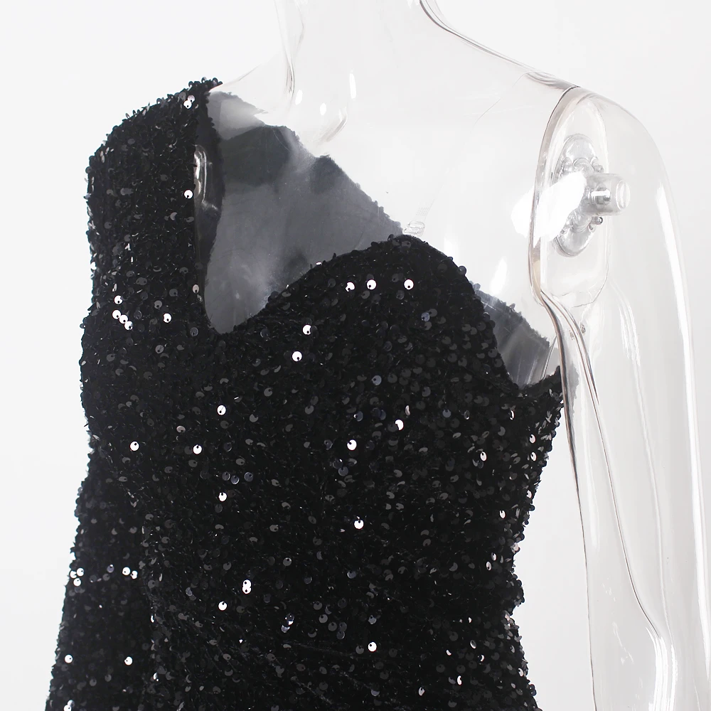 One Soulder Long Sleeve Sexy Black Sequined Velvet Short Cocktail Party Prom Midi Dress Prom Ball Gown