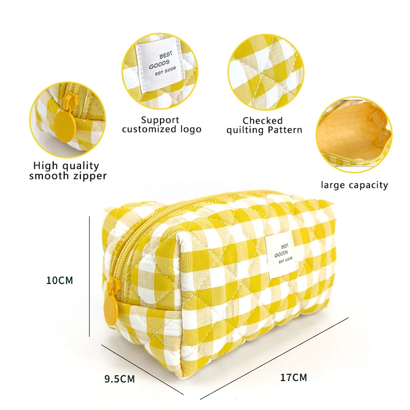 Eco-friendly travel make-up bag checked fabric rectangle cosmetic bag custom logo quilted makeup bag