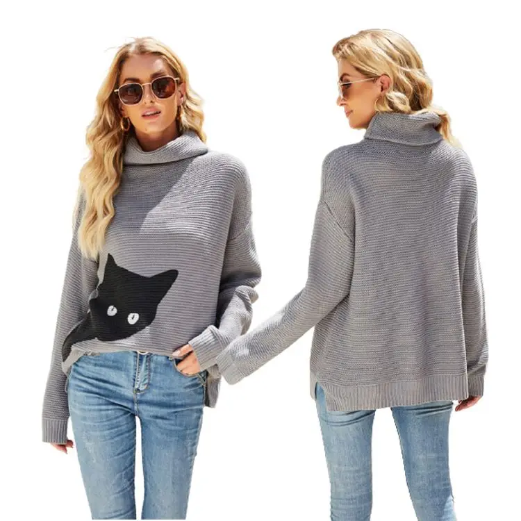Womens fall Slouchy Drop shoulder Loose Oversize Chunky Knit cat print front Turtleneck long Sleeve Pullover Sweater Jumper Tops