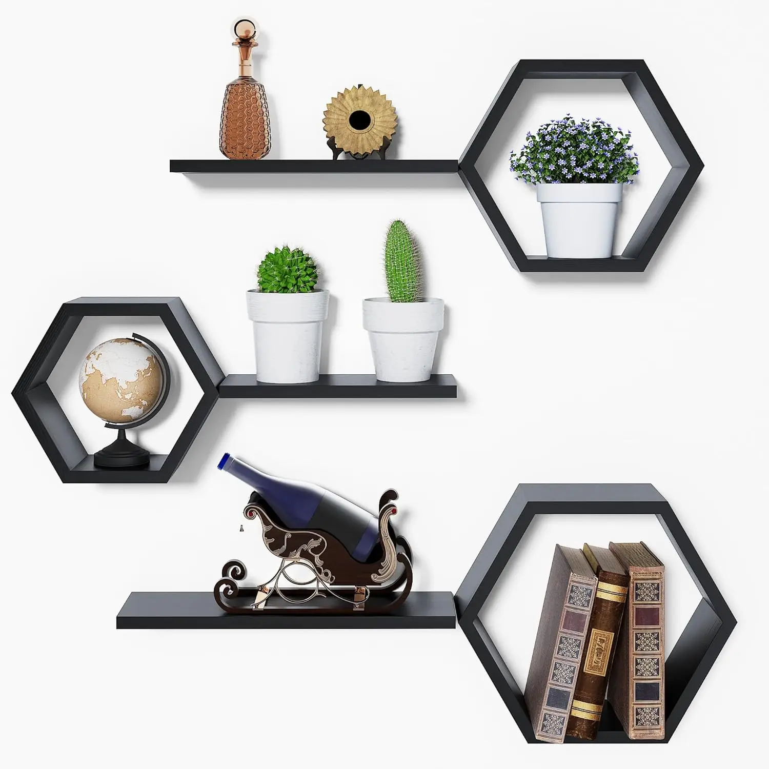 Black wooden hexagonal wall mounted 6-piece modern geometric wall storage rack displaying plant photos Living room bedroom