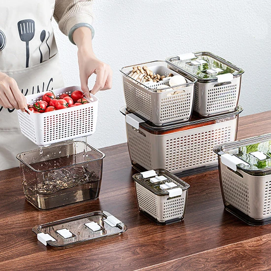 Wholesale Plastic Draining Washing Basket Food Vegetable Storage Boxes Plastic Fruit Storage Drainer Baskets with Lid