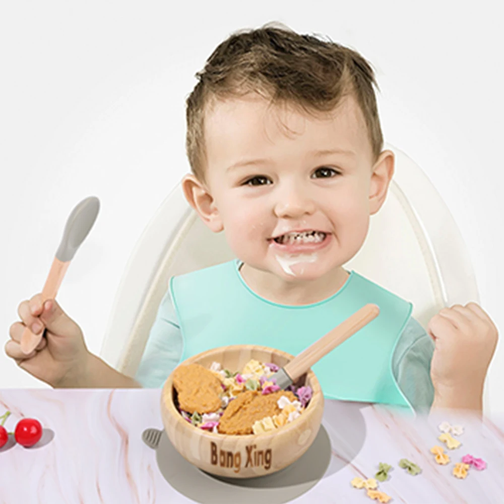Wholesale Oem Odm Nature Eco Friendly Silicone Small Wood Bamboo Bowl Baby Bamboo Bowl Suction Bamboo Bowl Fork And Spoon Set