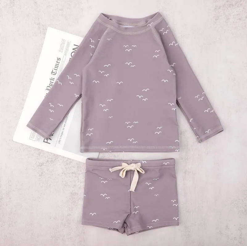 Baby Beach suit young kids 2 piece long sleeve swimwear clothes custom drawstring short rash guard set Baby swimming suit