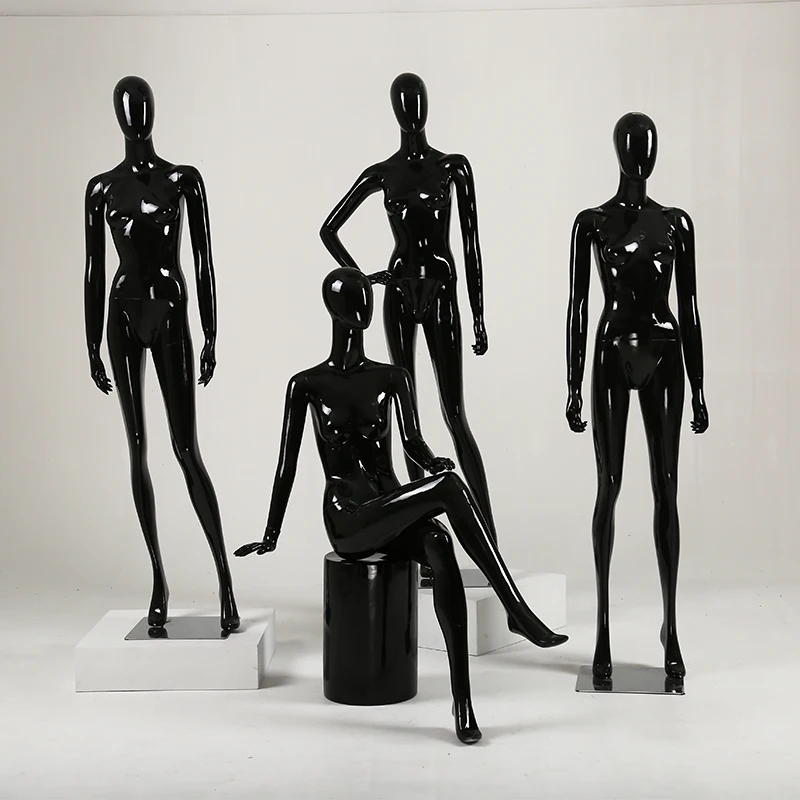 Fashion Style Of Smiling Full Body With Head Gloss Black Female Fiberglass Mannequin