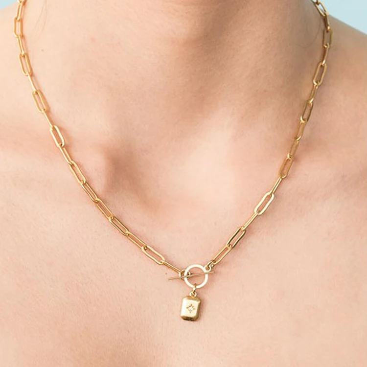 18K Gold Plated Stainless Steel Paperclip Chain Star Pendant Diamond Necklace Bracelet Women