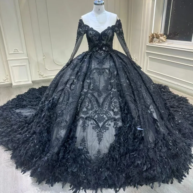 Black feather embellished large tail dress dinner long dress  wedding dress long sleeves