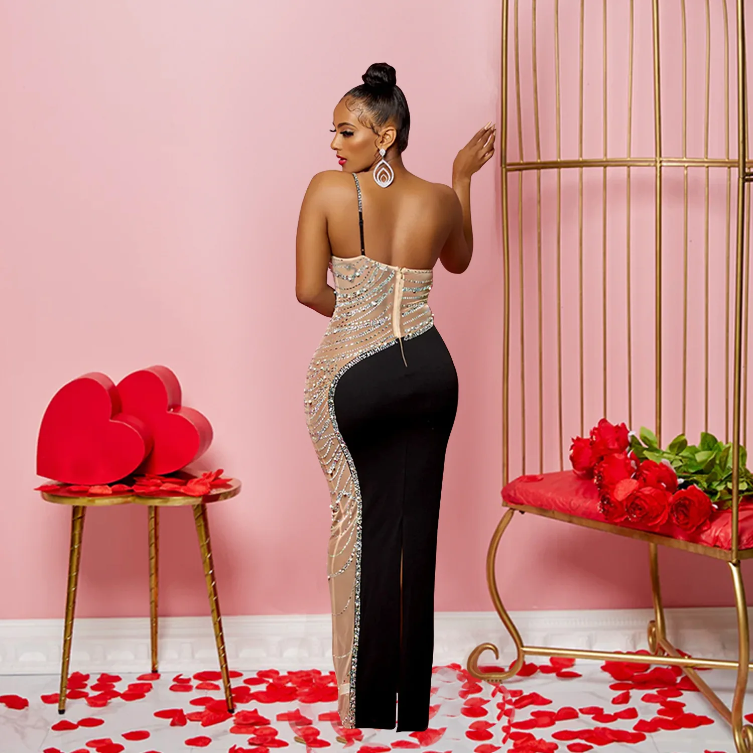 FS8940A Women Sexy Party Club Bodycon Long Dress Backless Sequined Evening Dress