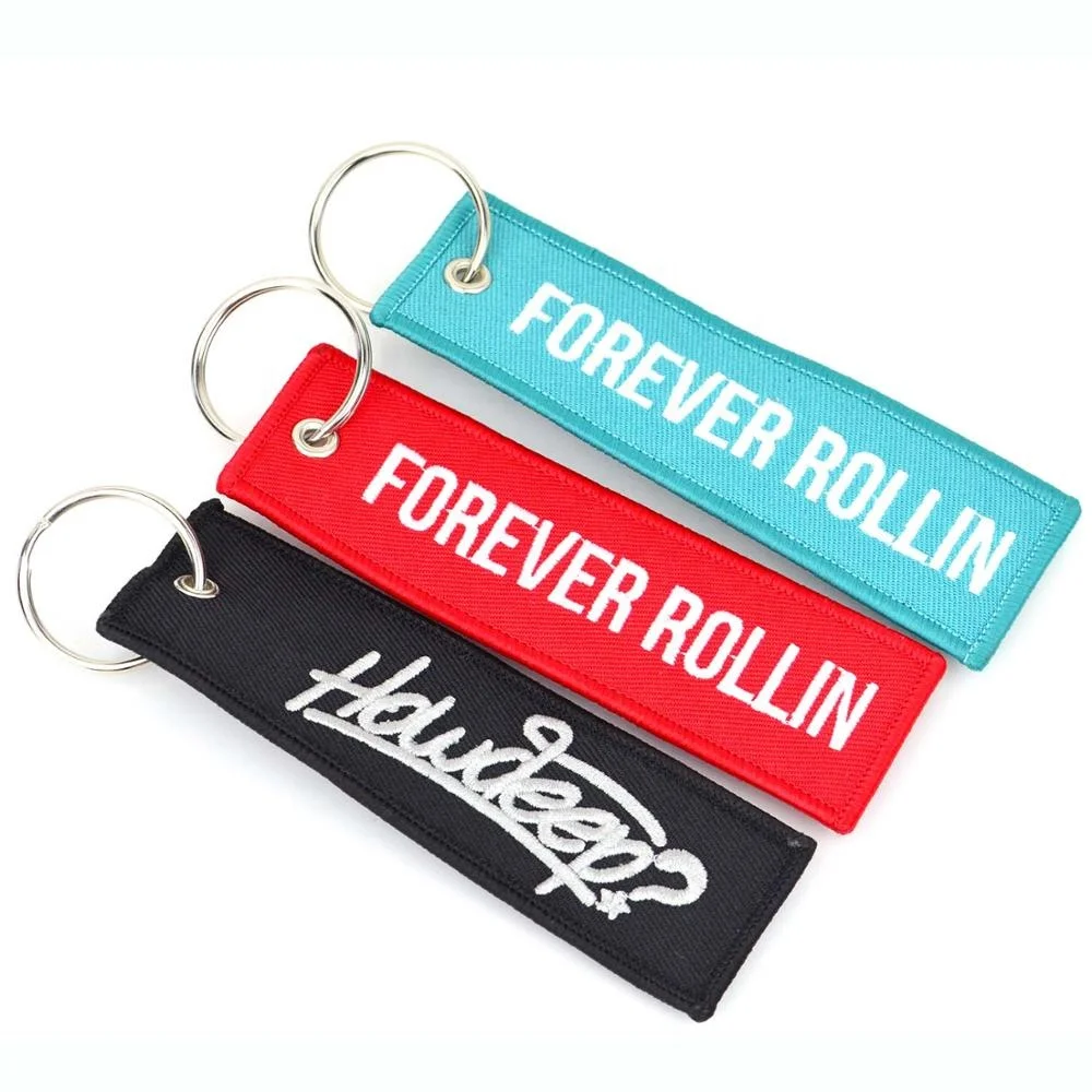 Cheap Promotional Make Your Own Logo Metal Car Embroidery Keychain Custom Woven Textile Key Ring