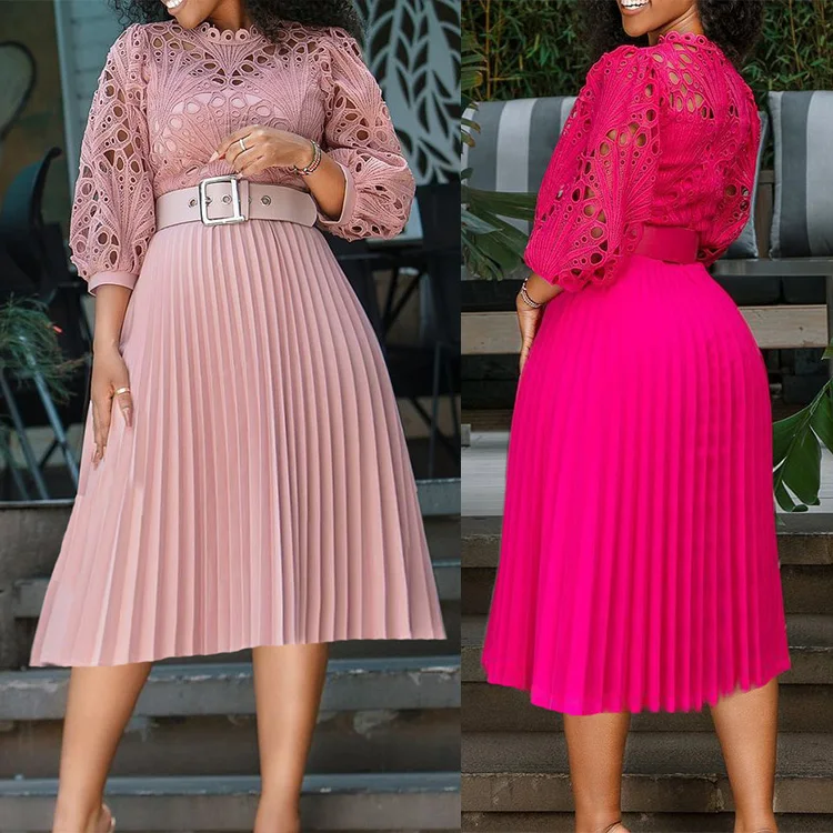 Summer Large Size Women Sexy Hollow Pleated High Waist Dress Elegant Gold Shoulder Evening Wedding Outfit Lace Party Dresses