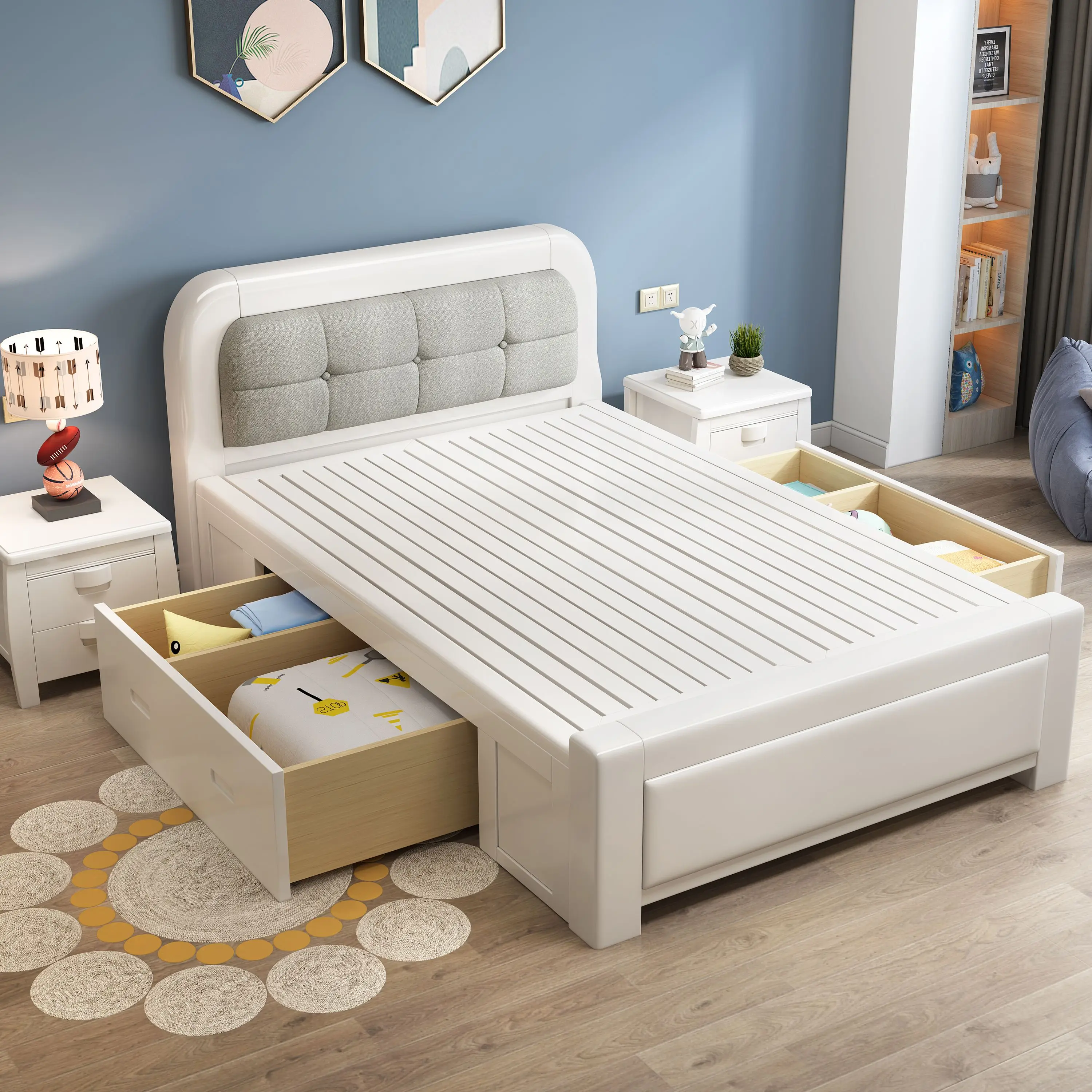 House Furniture Luxury Style Modern Bedroom Set Wooden Frame Double Size Bed Wood
