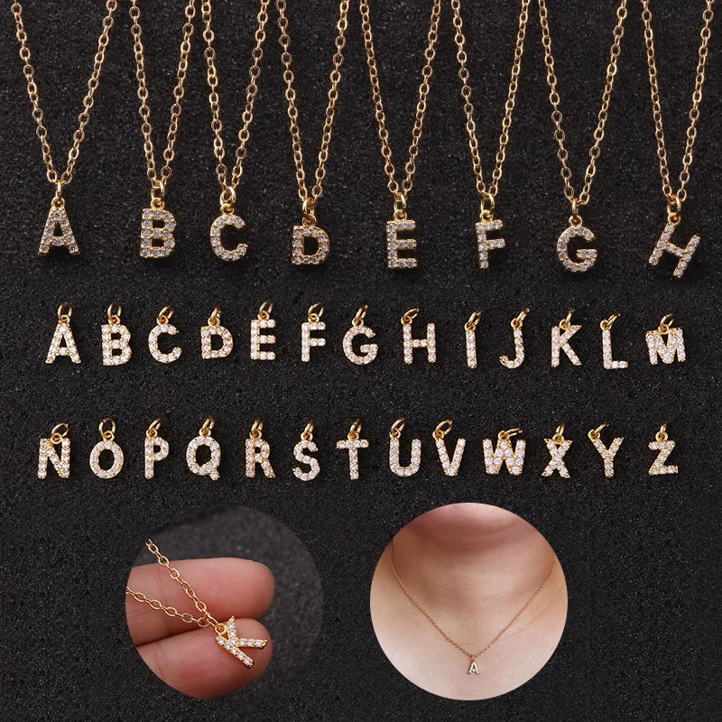 Custom Name Pendant Necklace Gold Charms Shiny Cz Word Mixed Small Initial 26 Letter Alphabet Pendants Necklace