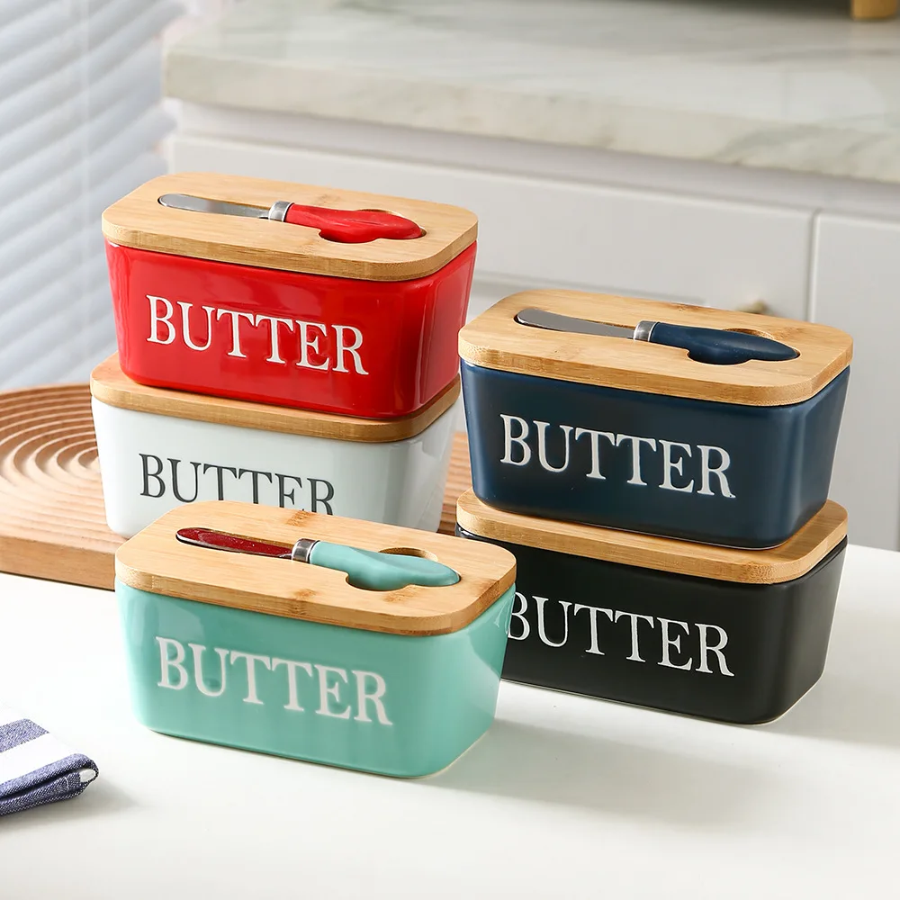Rectangular sealed jar butter box with knife Western household cheese box ceramic butter box