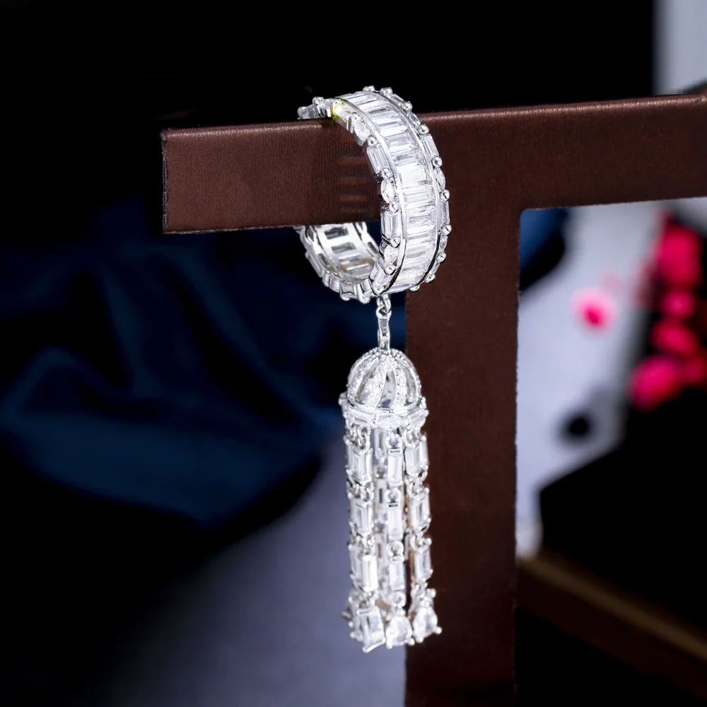 New Fashion Cubic Zircon Long Tassel Charms Elegant Engagement Rings for Women Bridal Wedding Prom Jewelry