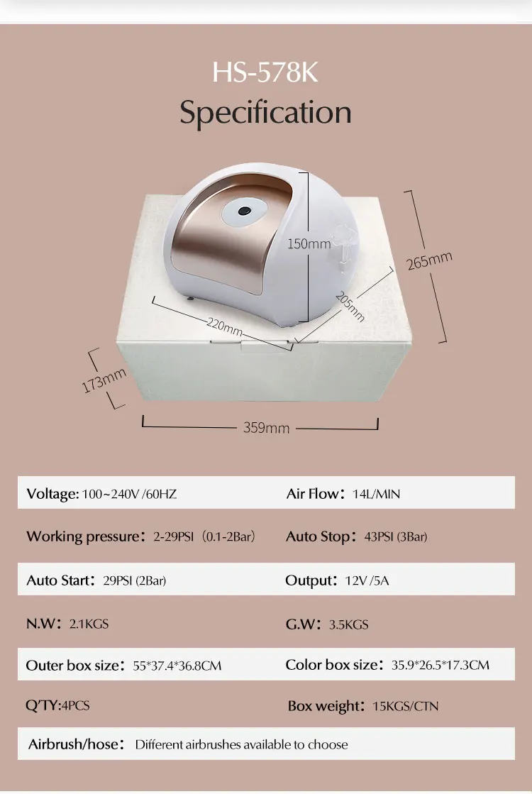AIRBRUSH COMPRESSOR HS-578K BLACK WITH GOLD AIRBRUSH Multi-purpose Airbrush Compressor Set
