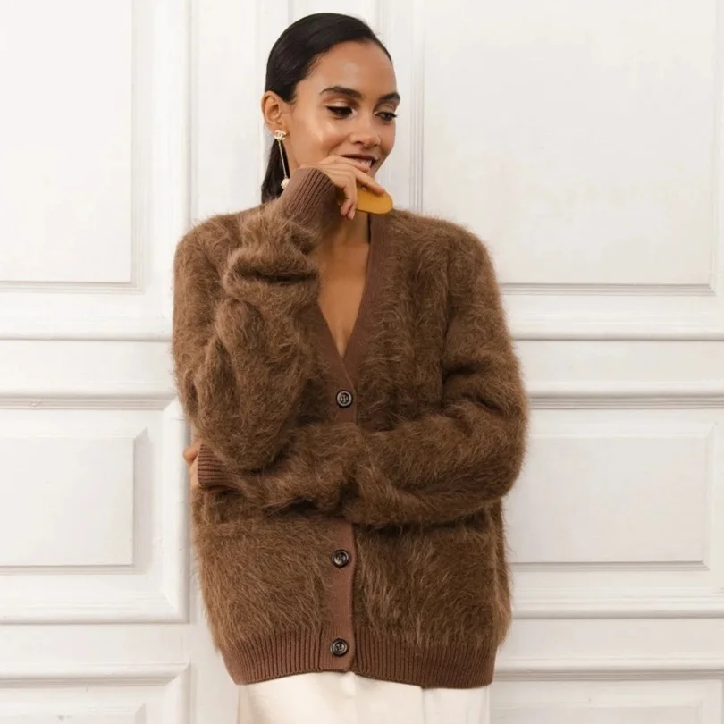 TENGYU Custom Alpaca Chunky Knit Cardigan Women Brown Coat Cashmere Oversize Fuzzy Mohair Sweaters