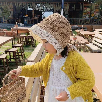 Promotion 1-3 Years Old Travel Beach Spring Autumn Lace Edge Baby Girls Straw Hats Wholesale Summer
