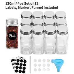 Glass Spice Jars with Spice Labels and Funnel Empty Square Spice Storage Bottles Containers with Shaker/Pour Lids 4oz 6oz
