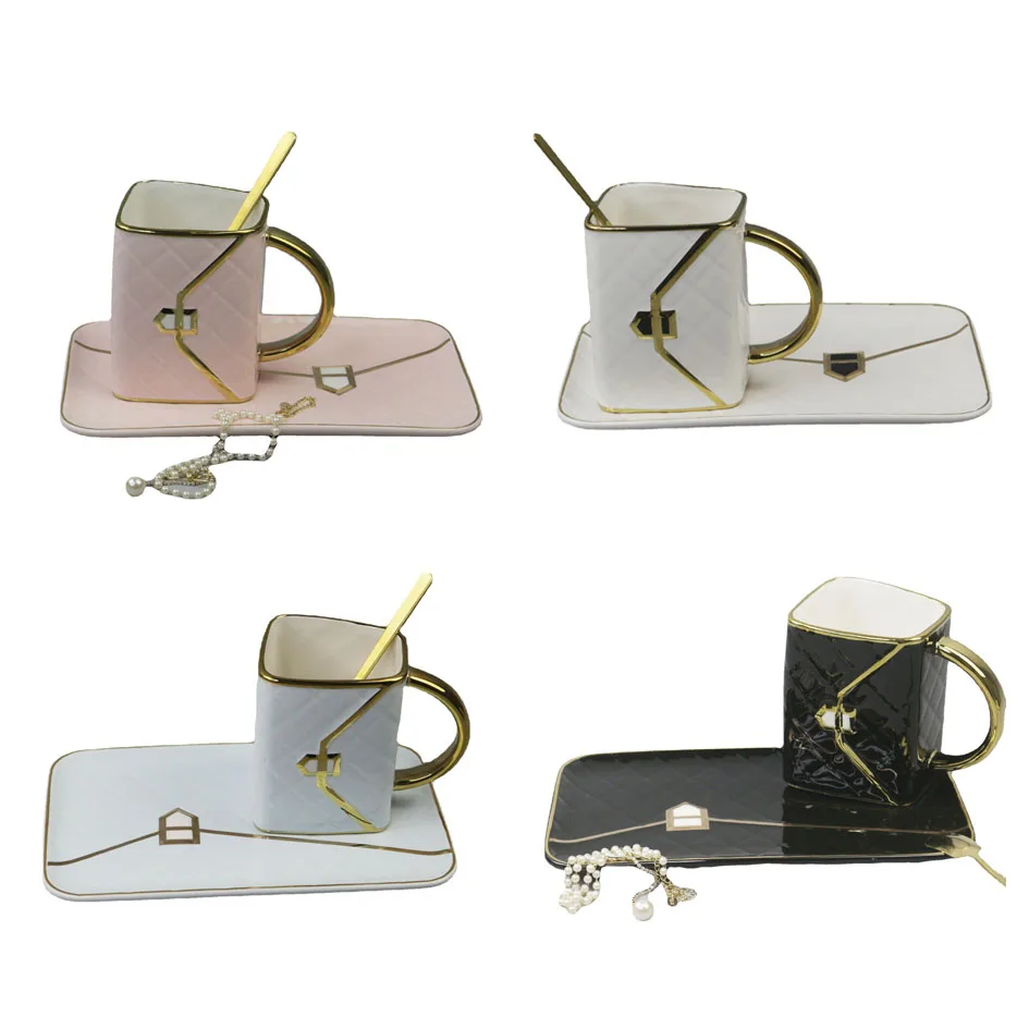 Elegant Gold Rim Porcelain Coffee Cup and Saucer Set Gift New bone china  Tea Milk Travel Cup set with Handbag Shaped