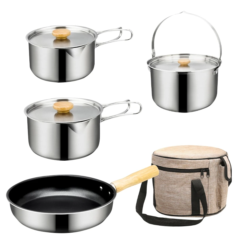 portable Outdoor Cooking Pot Space Saving Stainless Steel Cookware Sets Outdoor Equipment Camping Cookware Set