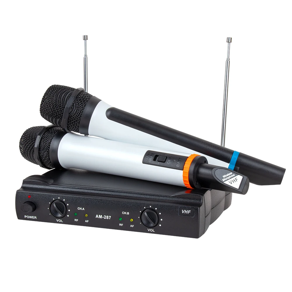 Professional VHF Wireless Microphone System 2 Channel Handheld Dynamic Microphone for Studio Stage Karaoke Plug & Play