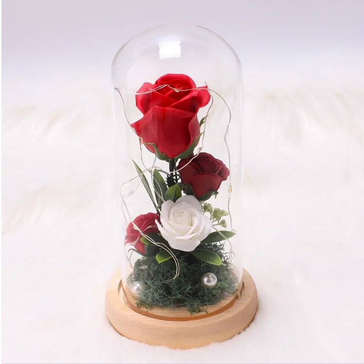 Оптовая продажа, подарки на день Святого Валентина, консервированное мыло, розы, Вечные цветы, светодиодная стеклянная крышка, Вечные искусственные розы