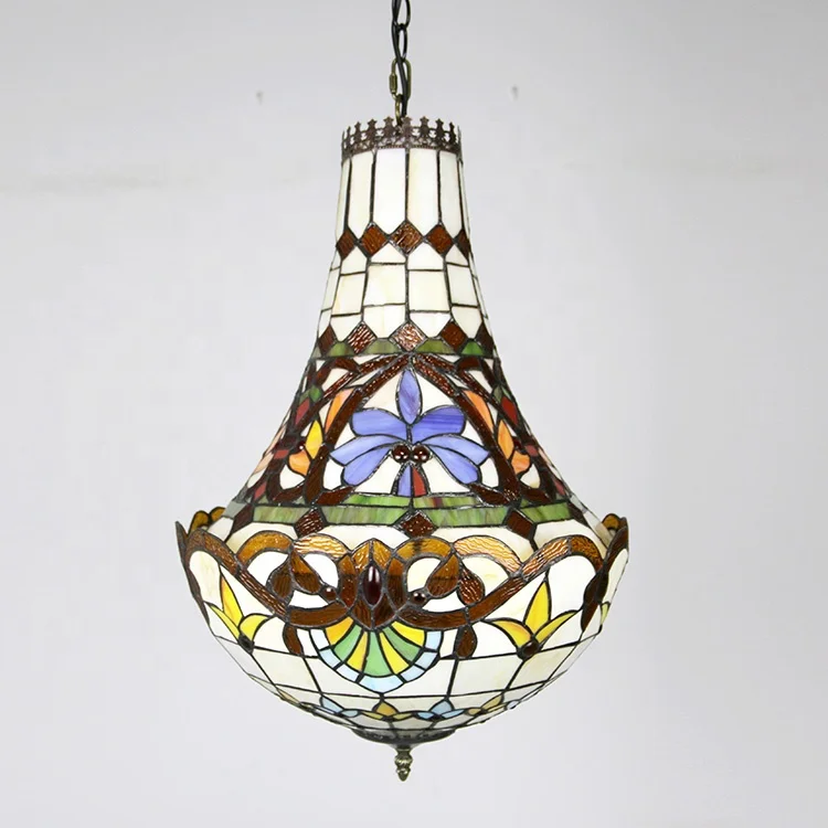 LongHuiJing 16Inch Baroque Tiffany Chandelier Ceiling Light Colored Stained Glass Lampshade Pendant Lamp For Restaurant