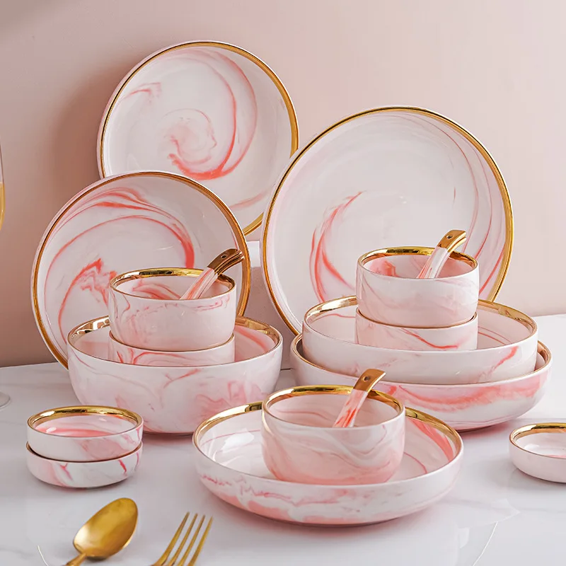 Luxury wedding gold rimmed line plated 6 people set 26 pcs ceramic dinnerware dinning plate and bowl marble dinner set porcelain