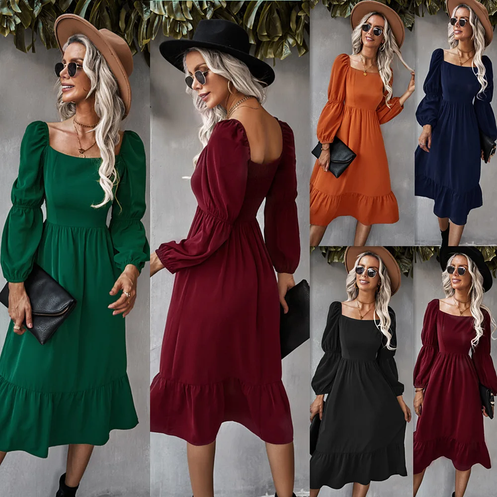 High Quality French Design Vintage Square Collar Long Fall Dress Sundress Women Elegant Dinner Long Sleeve Midi Dresses Evening
