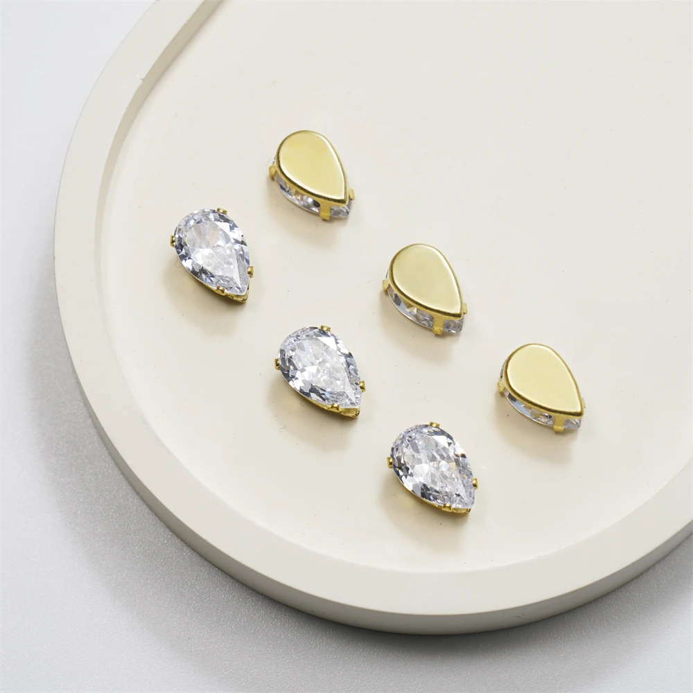 Hot Sale Drop Shape Sewn Crystal Rhinestone Zircon Plated Golde Copper Base Garment Accessories