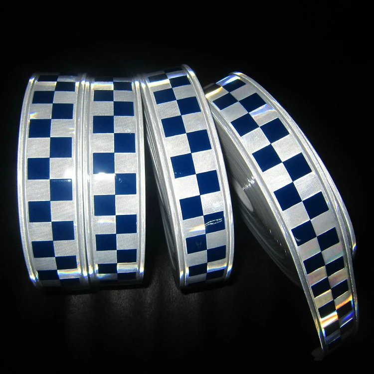 Custom Glow in the Dark Sew on Warning Polyester Blue White Reflective Checker Tape