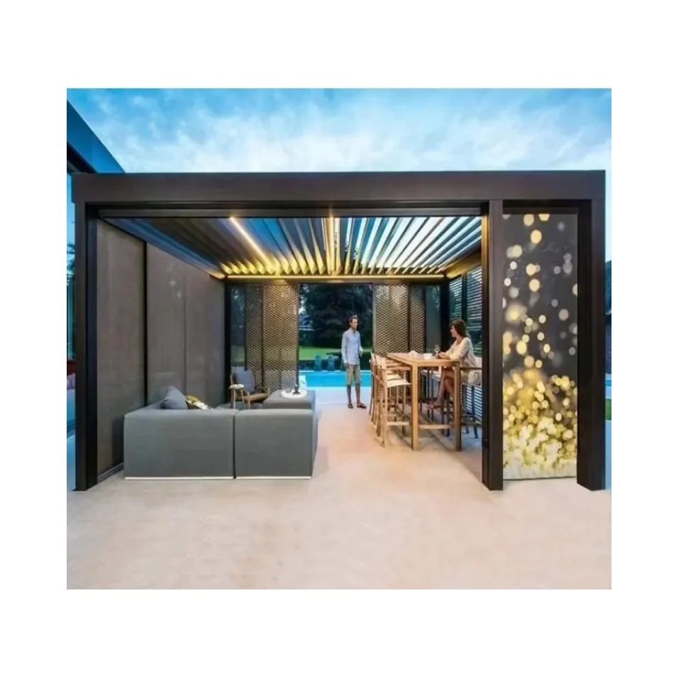 Remote control electric LED garden building waterproof aluminum pergola cover outdoor shade louver roof