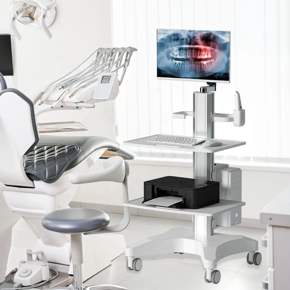 Wholesale Price Hospital Furniture Medical Cart with Oral Scanner Computer Laptop and 2 tray for Clinic