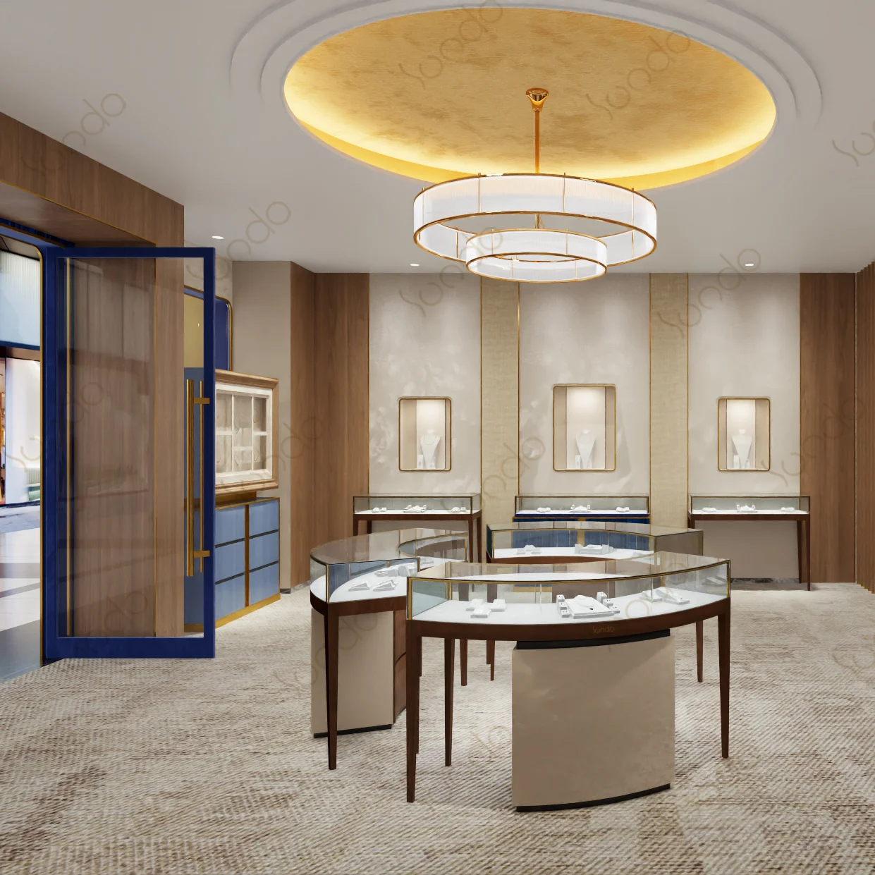 New Product Ideas custom Jewellery showroom blue furniture design Elegant Diamond Jewellery Shop jewelry shop interior design