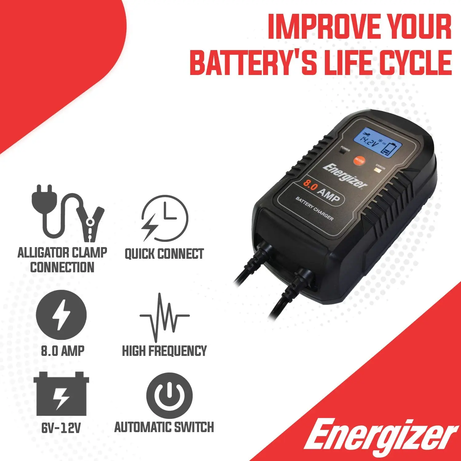 Energizer 8Amp Fully-Automatic Smart Charger 6V 12V Battery Charger Battery Maintainer Trickle Charger