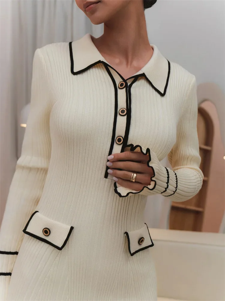 2024 Custom FNJIA Design Slim Elegant Lapel Button Knitted Skirt Winter New Long Sleeve Thin Casual Sweater Dresses For Women
