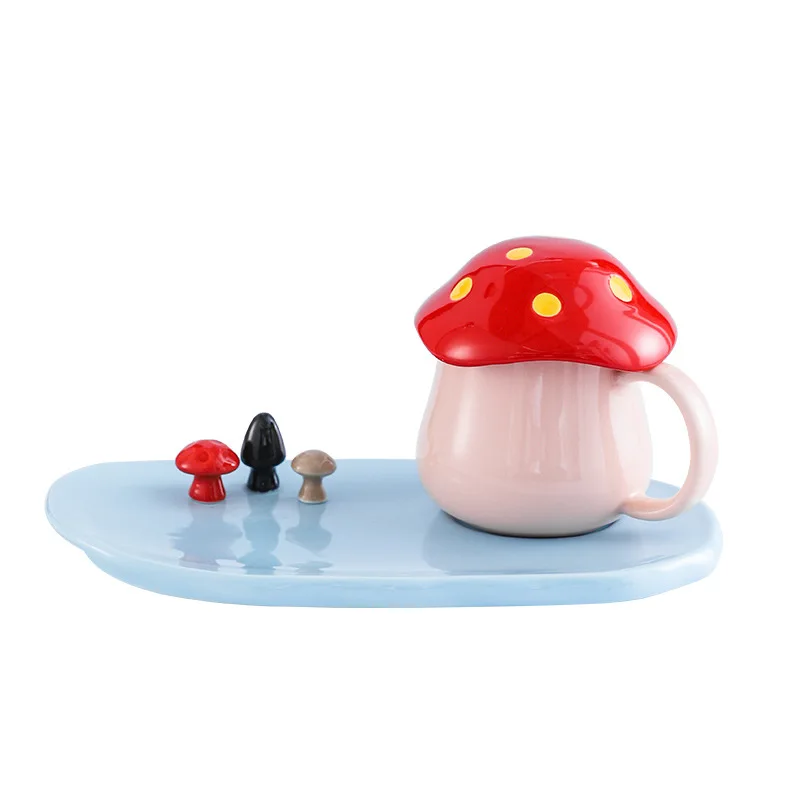 Creative mushroom cartoon shape ceramic mug with lid coffee mug gift
