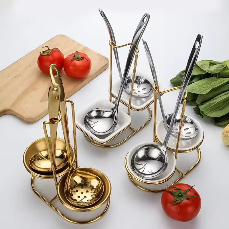 Catering Buffet Spoon Holder Set Stainless Steel Silver Gold Color Serving Kitchen Ladle Stand Rack Set
