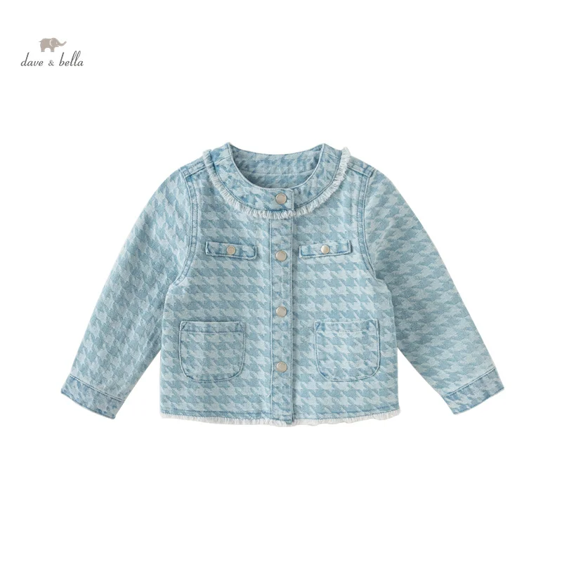 DB1248600 DAVE BELLA Kids Fashion Houndstooth Top Spring Baby Girls Casual Cotton Cute Sweet Denim Coat