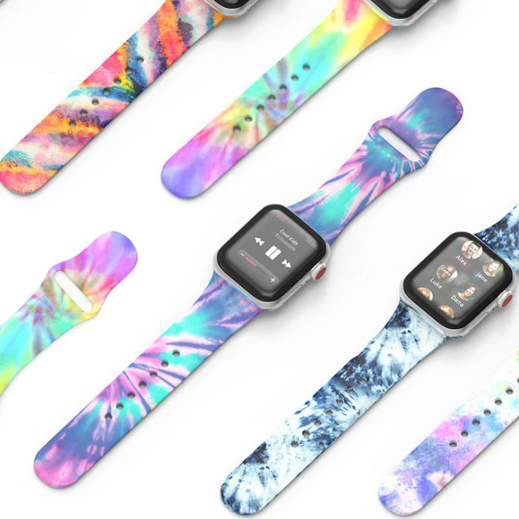 Chinber Fashion Rainbow Printed Rubber Watchband Tie Dye Silicone Applw Watch Strap For Apple 6