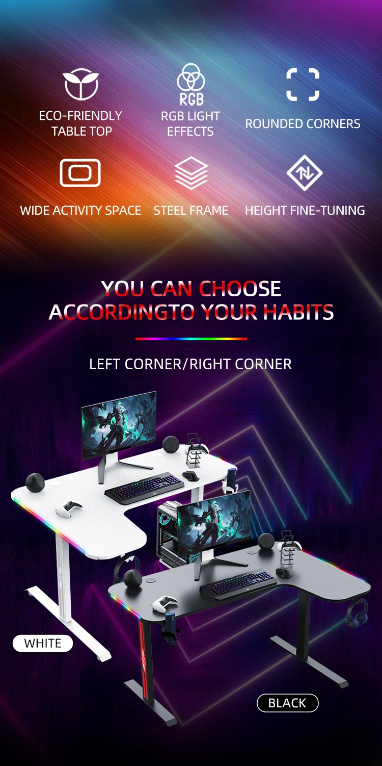 L shaped modern large carbon fibre gaming desk for pc custom big pc fashion white rgb mesa gaming desk manufacturer