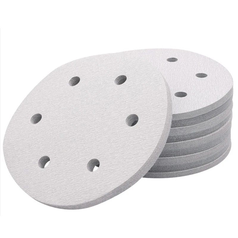 6 Holes Hook and Loop white 6 inch 150mm P40-P600 sanding disc Calcined alumina sanding disc