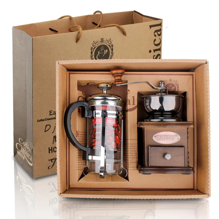 Hot sell Amazon Coffee Accessories Gift Box Wood Manual Coffee Grinder with 350ml Glass French Press coffee maker set