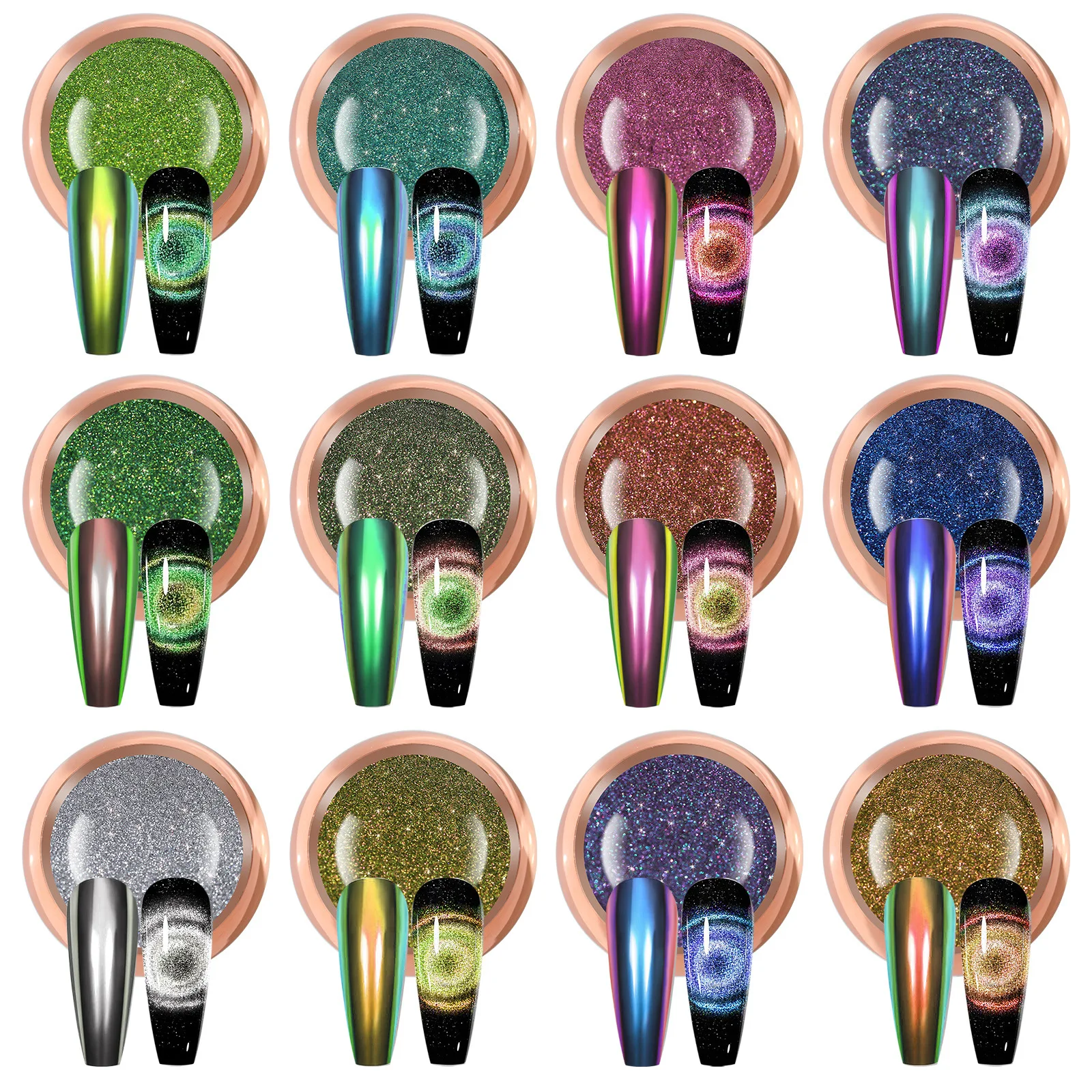 12 Colors Cat Eyes Nail Powder Chameleon Magnetic Powder 5D Cat Eye Effect Mirror Effect with Magnetic Stick for Velvet Nail Art