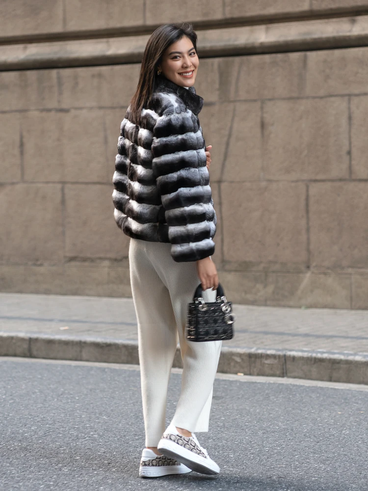 High Quality Fashion Luxury Natural Women Genuine Mink Fur Chinchilla Rabbit Fur Coat Stand Collar Winter Warm Fur Coat
