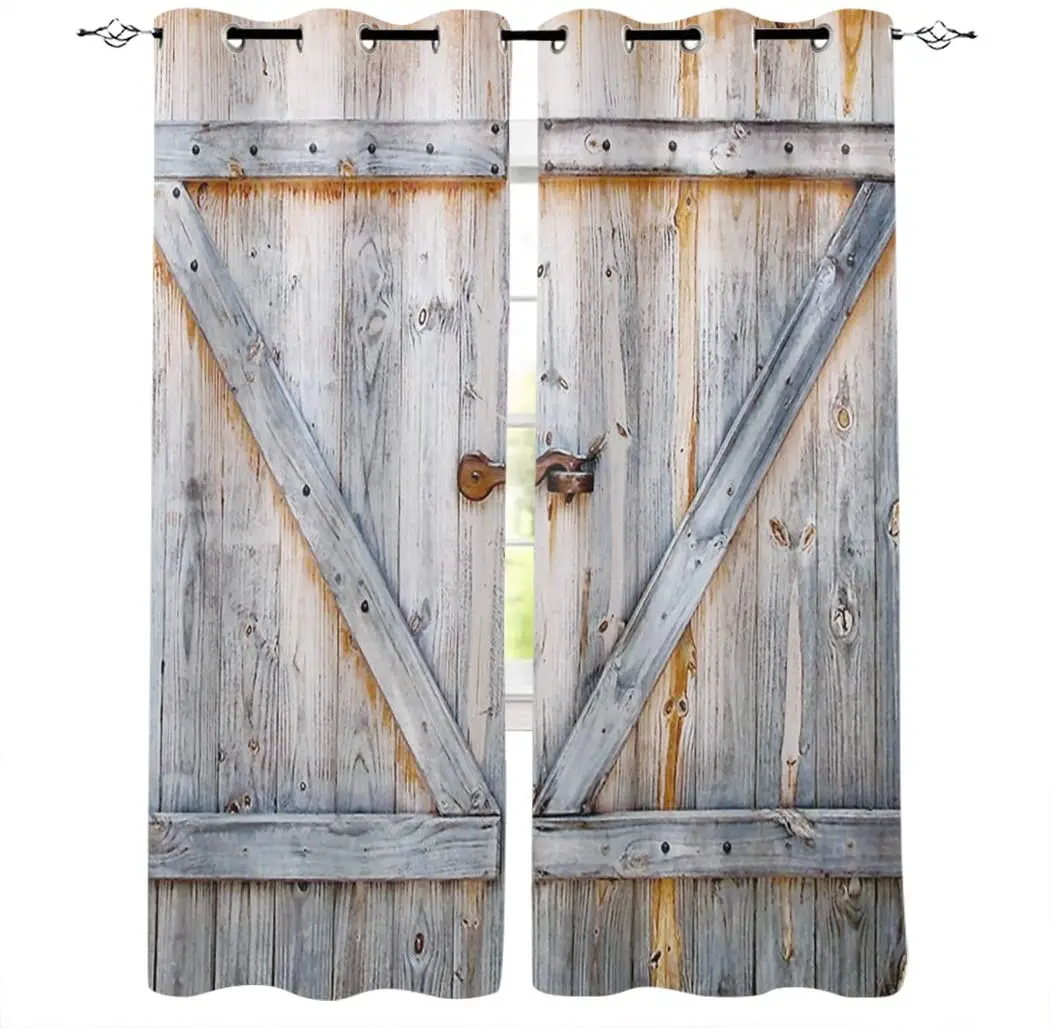 
Rustic Wooden Garage Door Curtains Rod Pocket Brown Vintage Barn Farmhouse Western Country Printed Living Room Bedroom Window Dr 