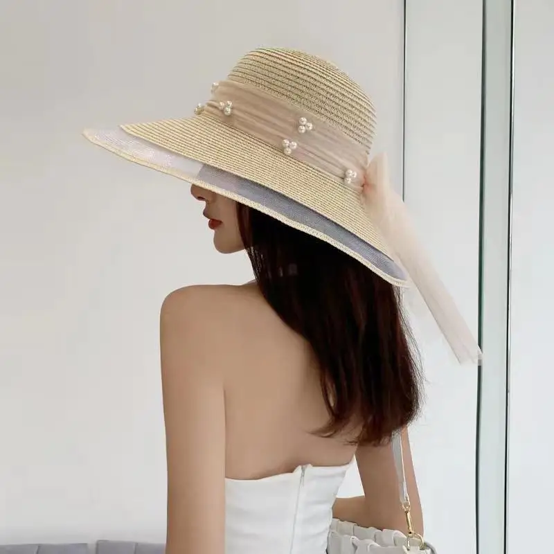 Hot seller sunblock collapsible UV protection straw hat large visor beach straw hat for women