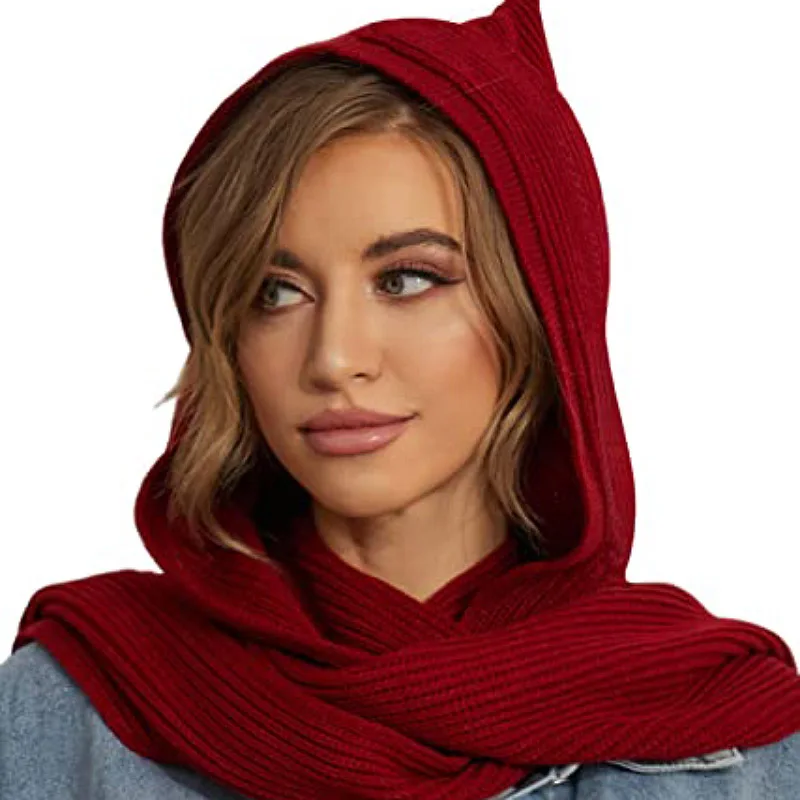 Factory High Quality Women Winter Warm Knitted Hooded Wrap Head Long Scarf Shawl