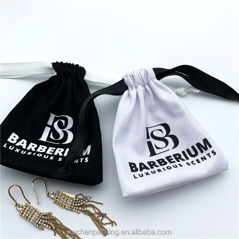 Custom 3*4 Small Cotton Jewelry Packaging Bag for Earring Twill Cotton Jewelry Pouches With Grosgrain Ribbon
